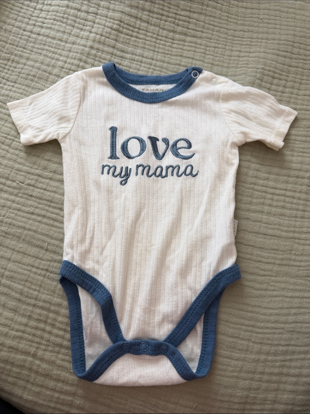Tahari White Bodysuit with Blue Trim - "Love My Mama"